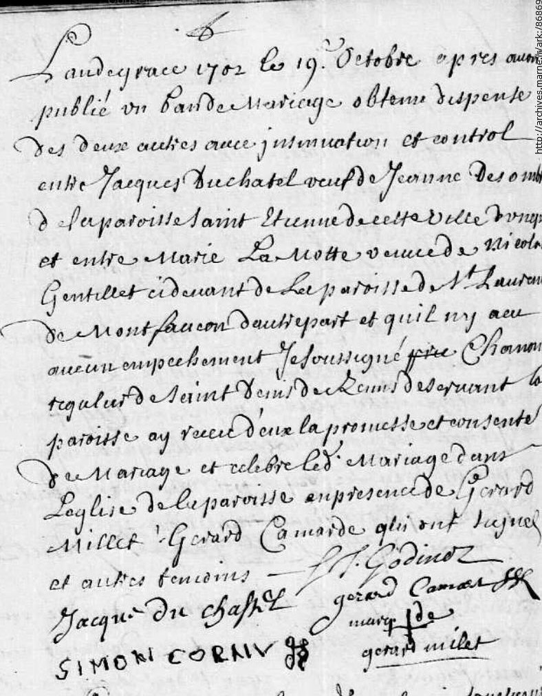 Acte de mariage de Jacques Duchastel et Marie Lamotte, 19 octobre 1702