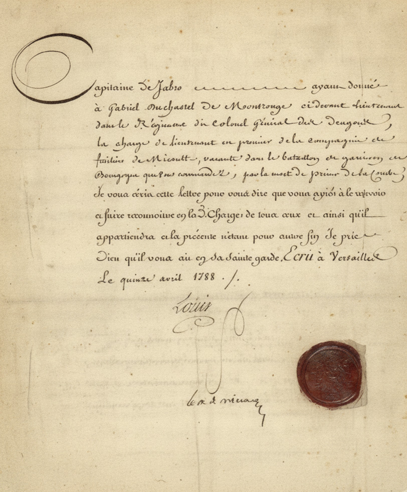 Version colorisée du brevet royal de 1788, avec le sceau de cire rouge visible