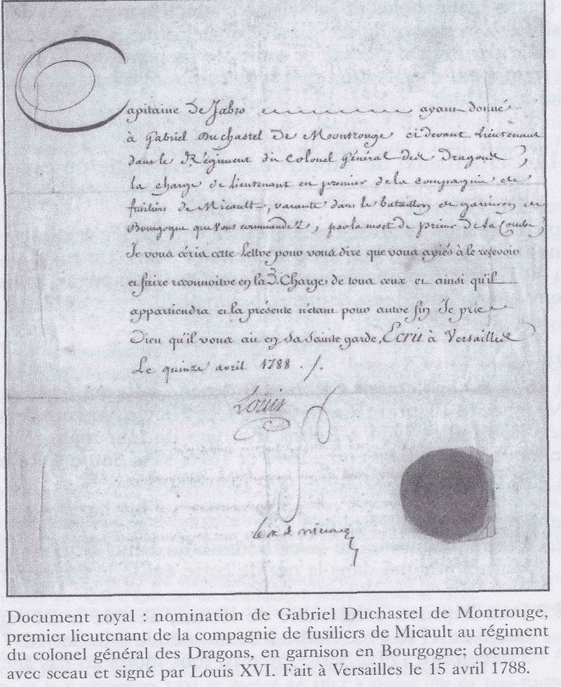 Brevet royal signé par Louis XVI le 15 avril 1788, nommant Gabriel Duchastel de Montrouge lieutenant