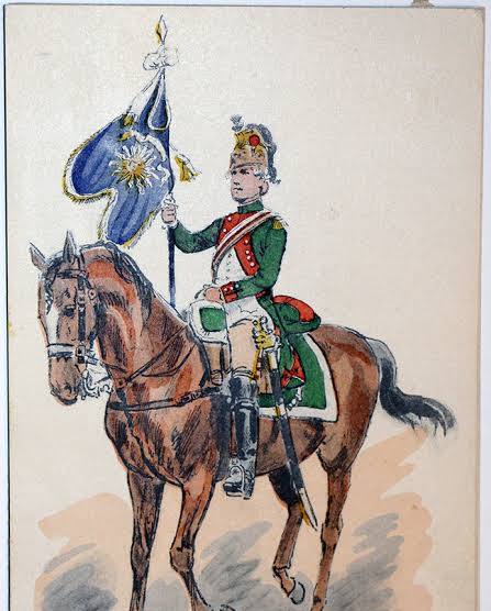 Dragon à cheval du régiment Colonel-Général portant l'étendard, illustration d'époque