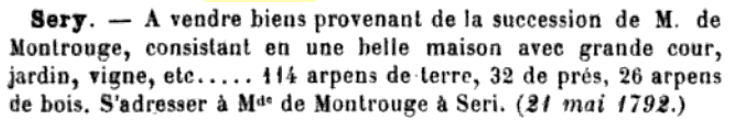 Annonce de vente des biens de la succession de M. de Montrouge à Séry, 21 mai 1792